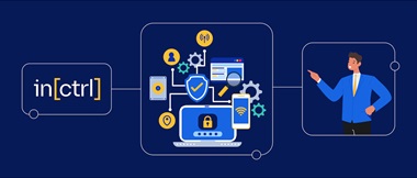 Digitale Grafiken und Symbole für IT, Sicherheit und digitale Konnektivität auf einem tiefblauen Hintergrund mit einem Zeichen in der Mitte des Bildes