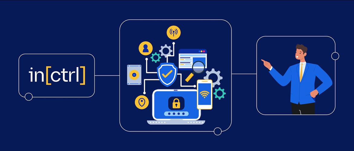 Digitale Grafiken und Symbole für IT, Sicherheit und digitale Konnektivität auf einem tiefblauen Hintergrund mit einem Zeichen in der Mitte des Bildes
