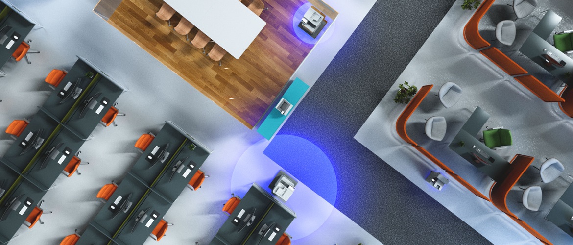 Draufsicht auf die Drucker im Büro für Kosteneffizienz