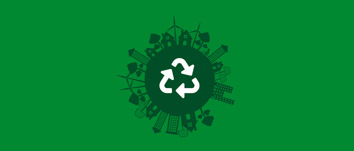 A globe with a recycling icon in the middle and a city landscape round it on a green background