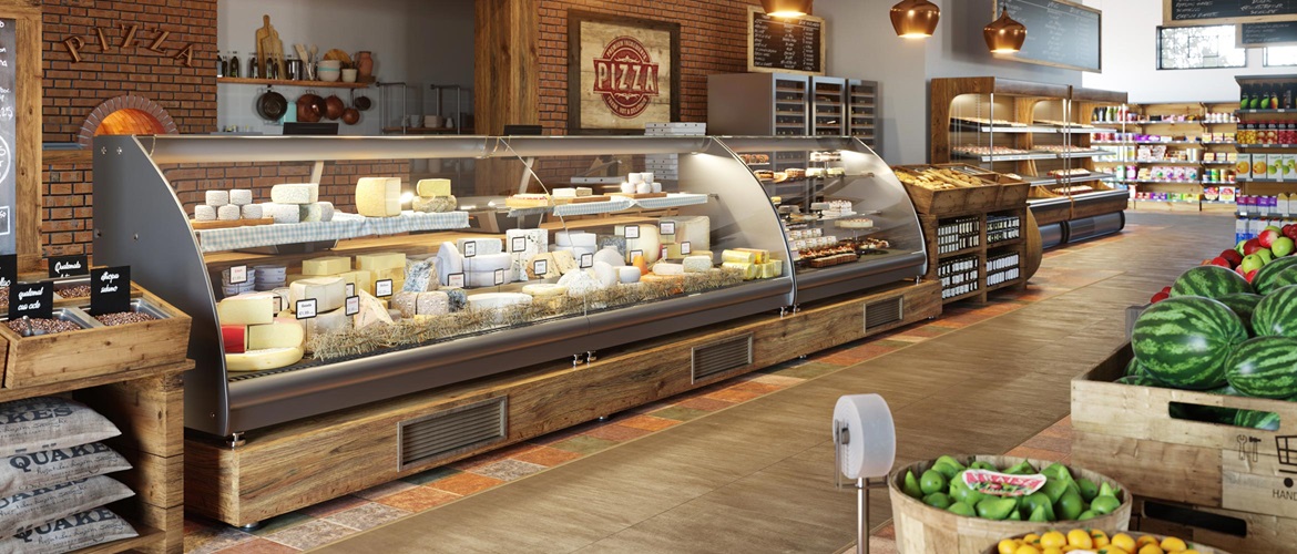 Wide shot of inside a food store
