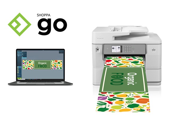 Shoppa Go Logo mit Laptop und Bannerdrucker von Brother zum Banner drucken in Nahansicht.