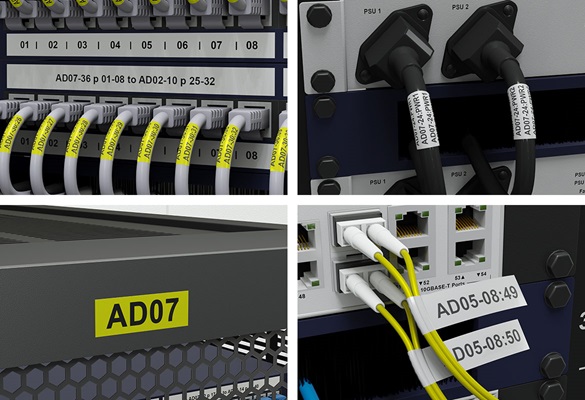 Vier Bilder von Etiketten zum Kabel beschriften in einer Collage