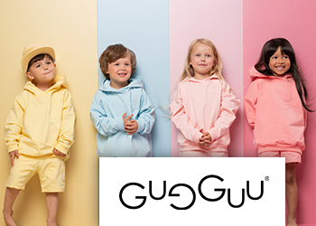 Teaserbild für die Fallstudie des Modeherstellers Gugguu, man sieht Kinder vor einem bunten Hintergrund  