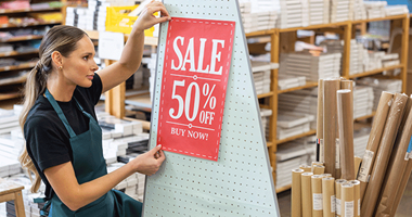 Eine Frau hängt ein großformatiges Papier, das von einem Bannerdrucker gedruckt wurde, im Geschäft auf