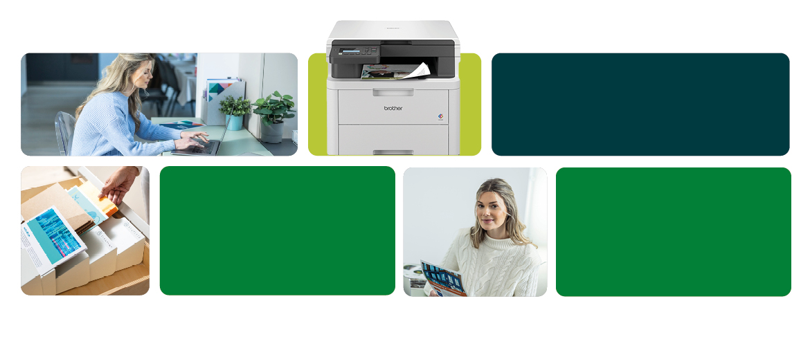 Banner auf dem zwei Personen und ein Laserdrucker für das Homeoffice abgebildet sind.