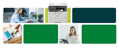 Banner auf dem zwei Personen und ein Laserdrucker für das Homeoffice abgebildet sind.